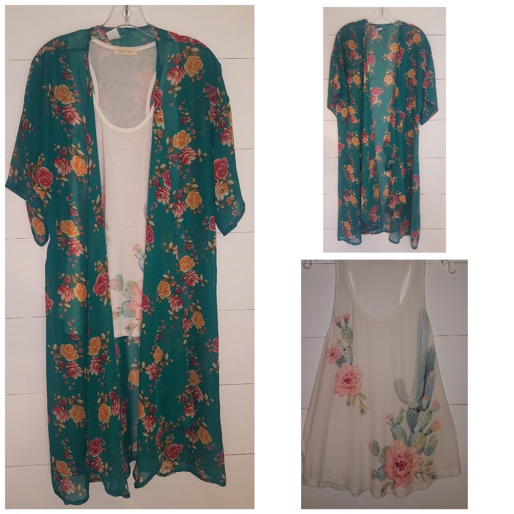 Boutique Long Cardigan & Cactus Top NWOT